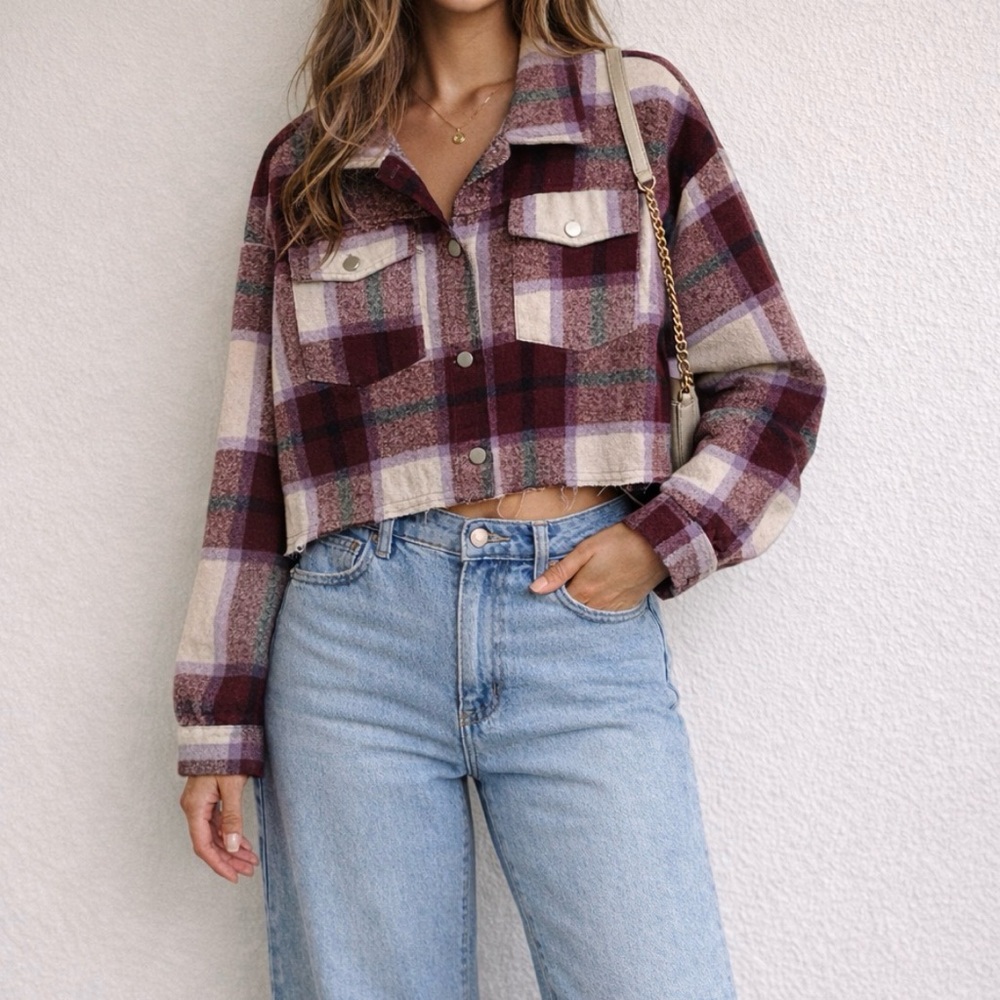 Cropped Plaid Button-Front Shacket in Burgundy and Cream